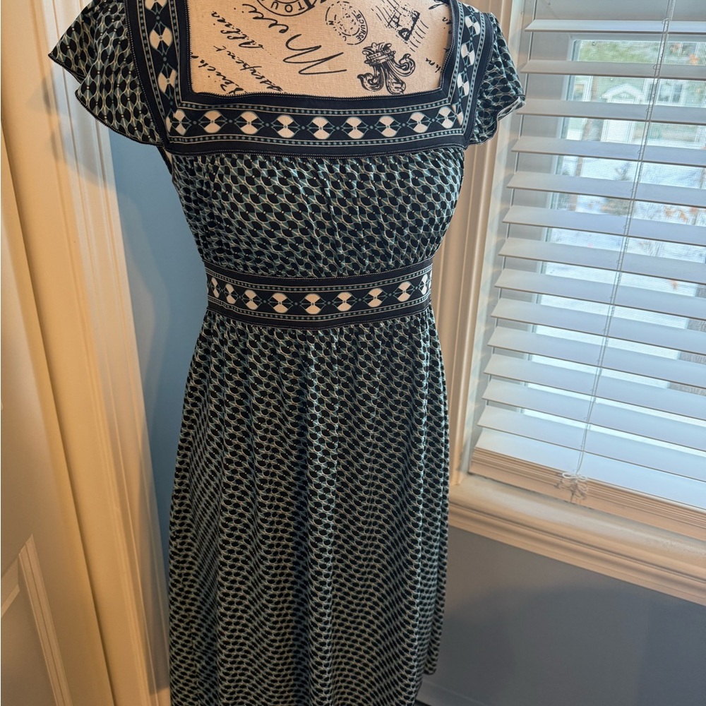 Blue and White A-Line Midi Dress with Flutter Cap Sleeves